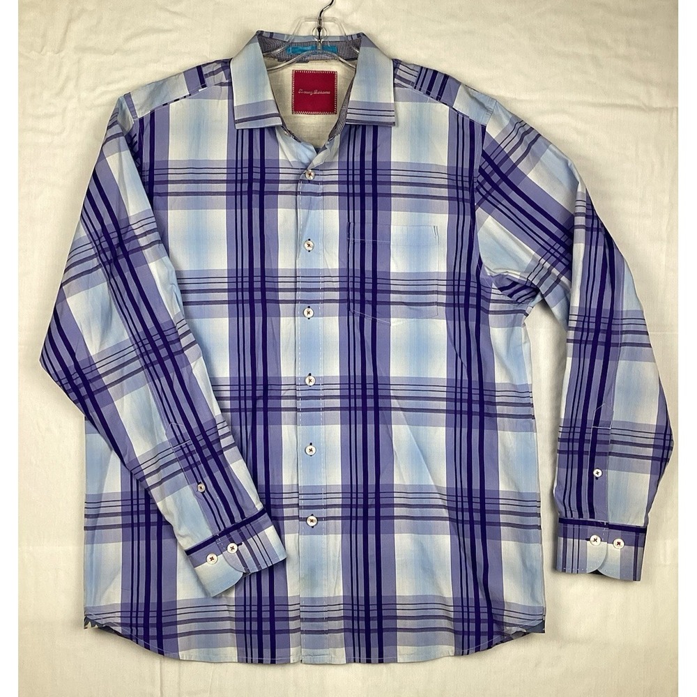 Tommy Bahama Blue Plaid Long Sleeve Button Down 100% Cotton Men's Large